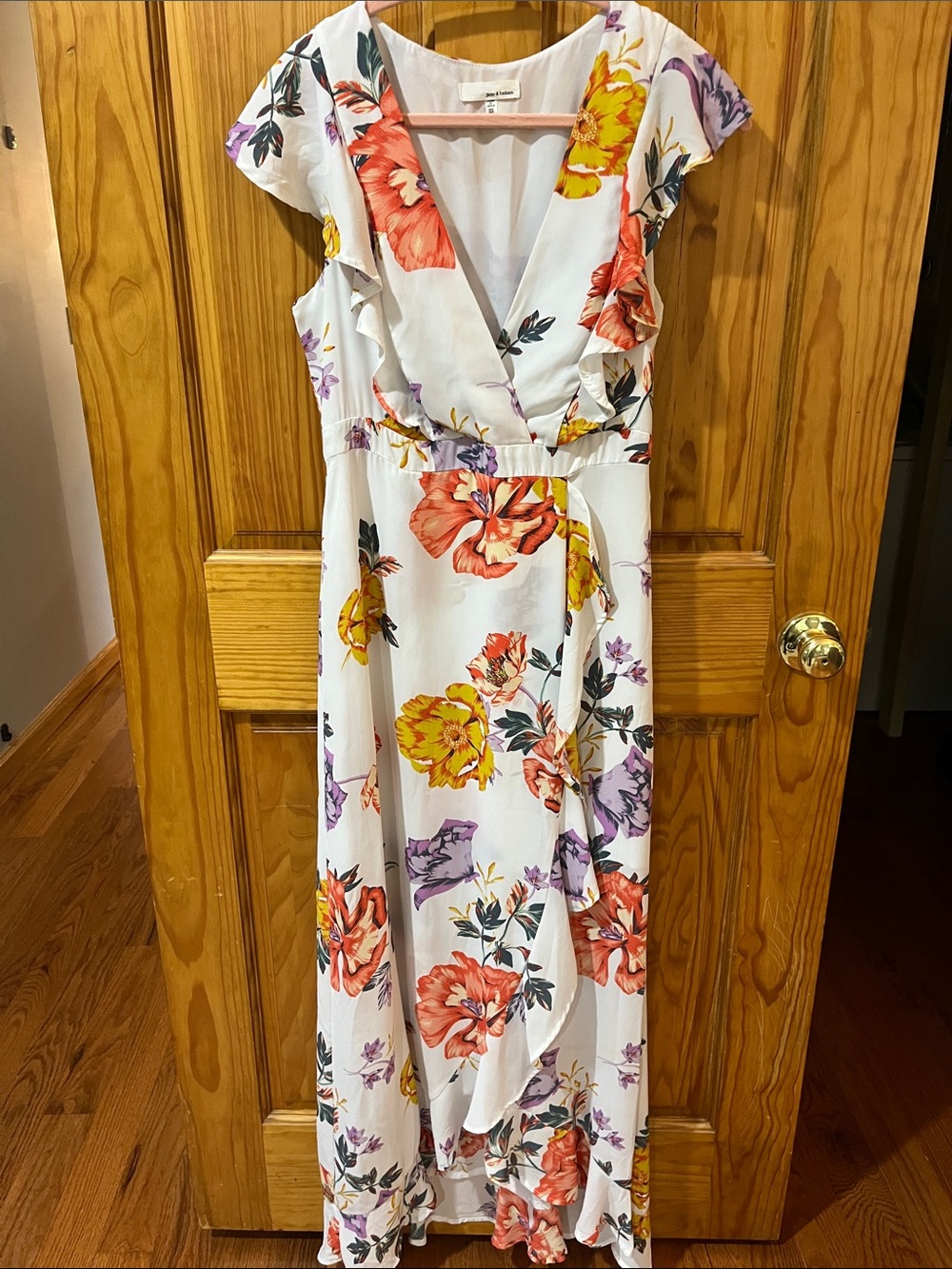 june & hudson White Floral Wrap Maxi Dress with Yellow, Orange & Purple Blooms - Picture 3 of 5